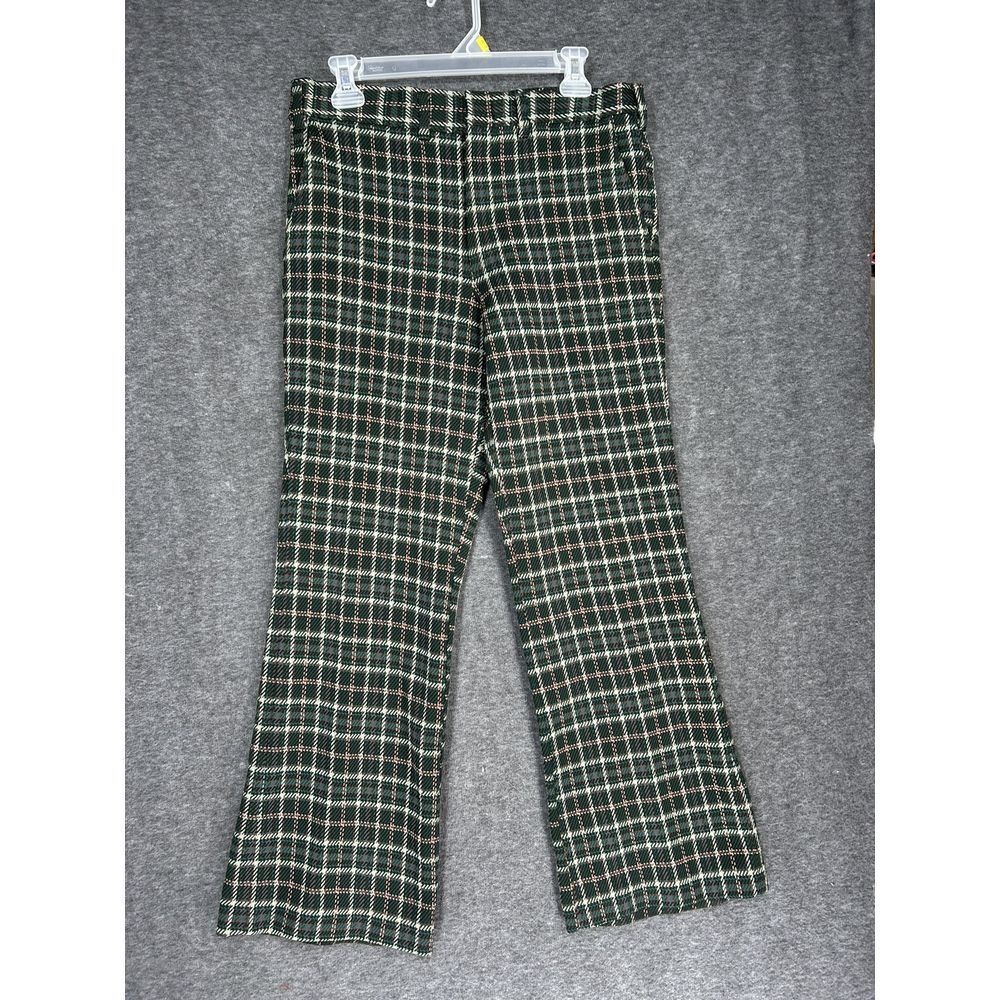 VTG 70s Sears Kings Road Double knit Pants Mens 32x29 (tag 34) Green plaid Flare